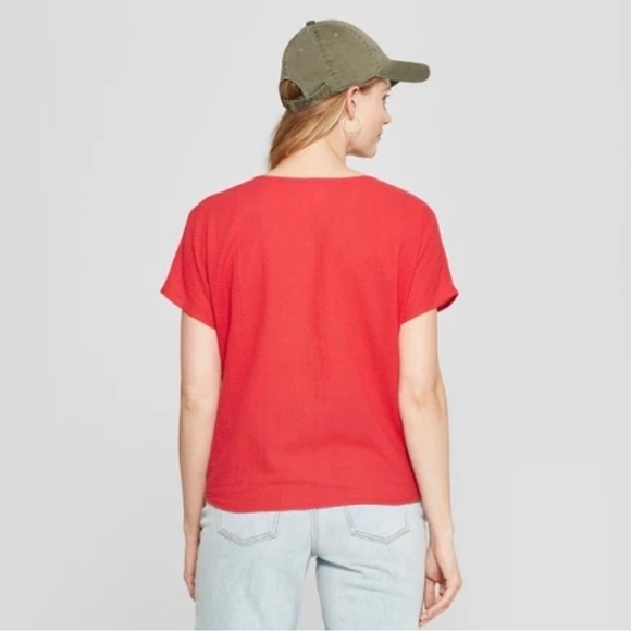 Red Button-Down Tie-Front Dolman Sleeve Cotton Top Size L - Picture 7 of 7